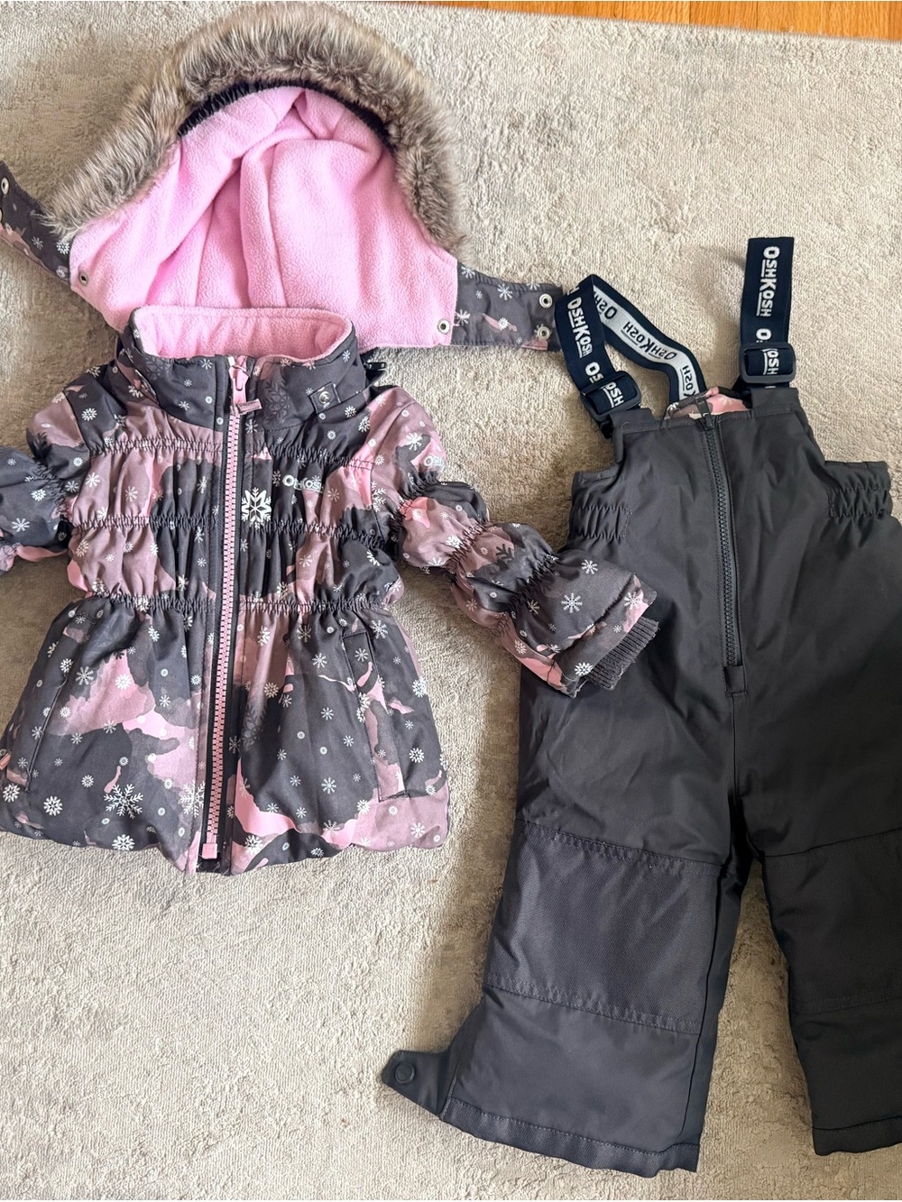 18m OshKosh B'gosh Pink & Gray Girls Snow Jacket with Bib Snow Pants